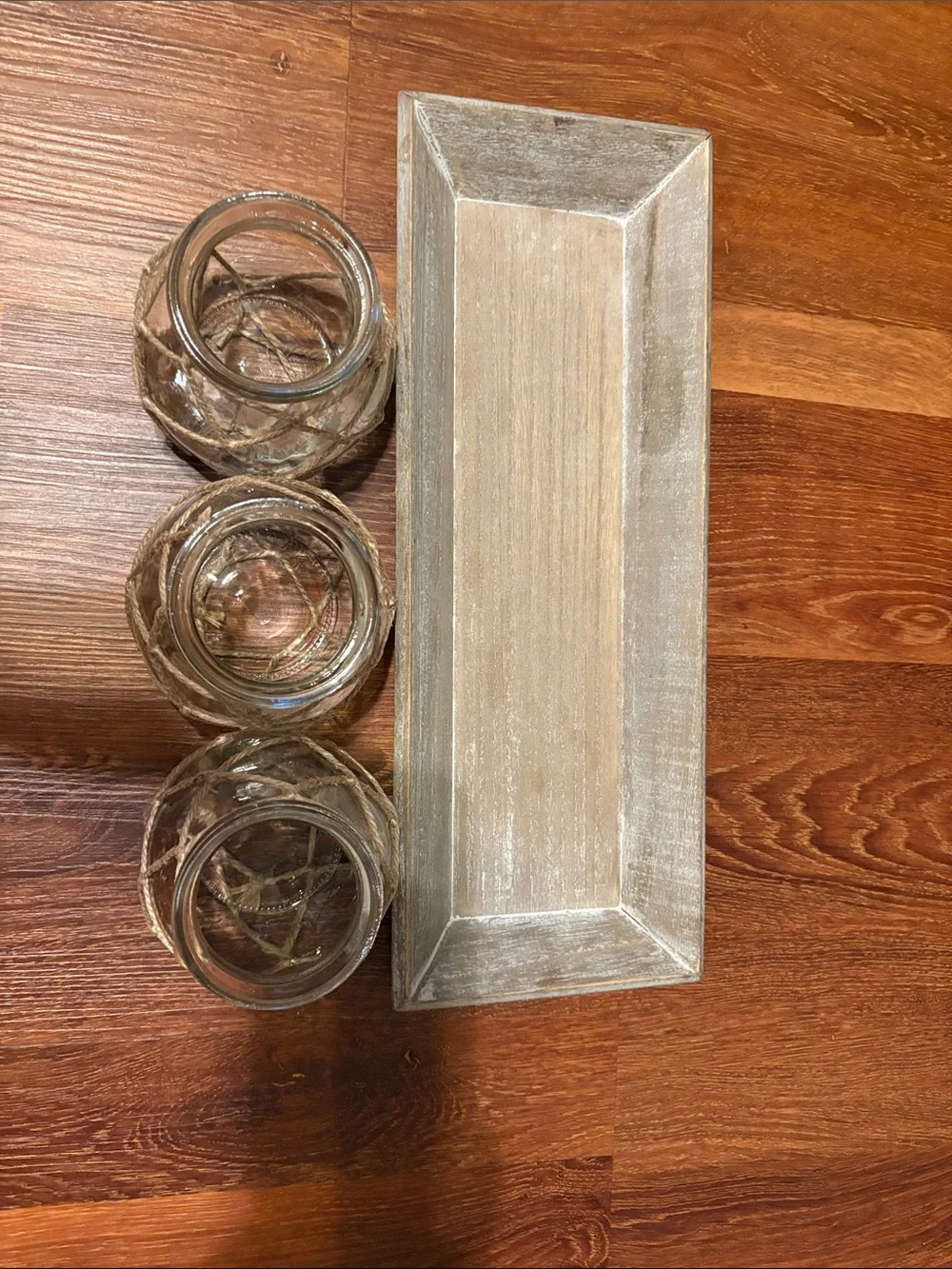 Rustic Glass Votive Trio with Twine on Distressed Tray